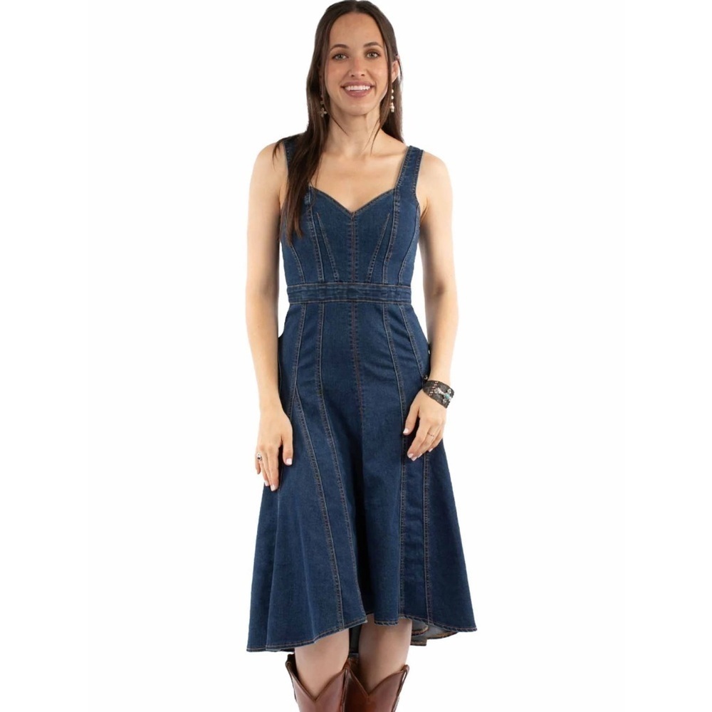 Tractr Denim Farm Western Boho Pleated Tank Zip Back Midi Dress Medium